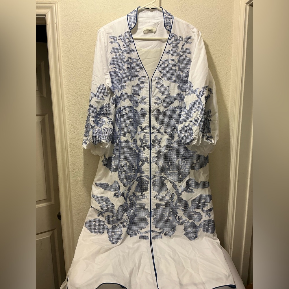 White Maxi Dress with Blue Lace Print